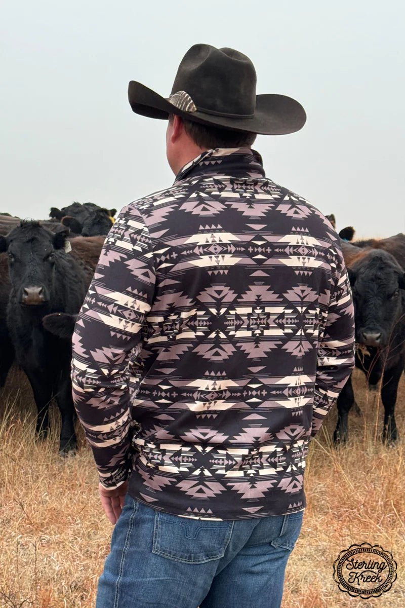 Unisex Aztec print pullover. Men's dark aztec print pullover. Men's southwestern print pullover sweater. Fleece pullover sweater. Online boutique. Western wear. Western apparel. Unisex western fashion. Small business. 