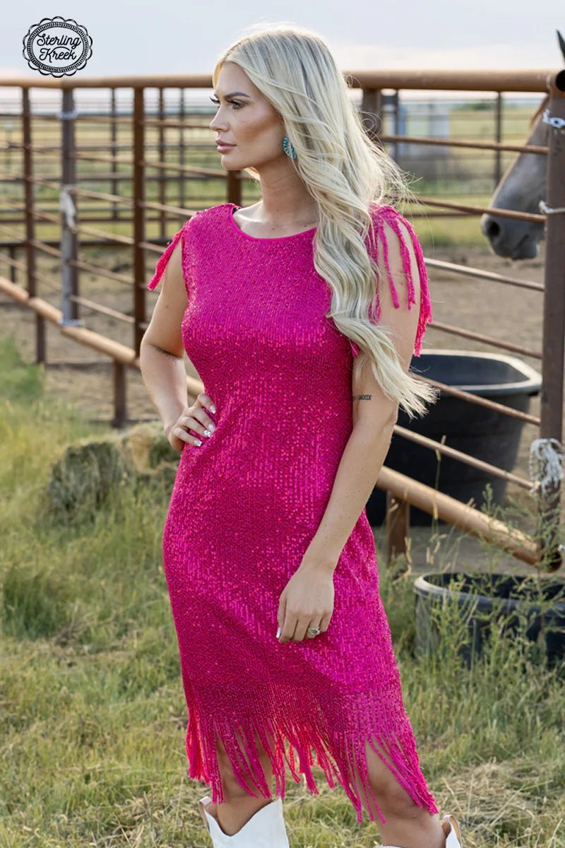 Sequin pink fringe dress. Glamorous pink dress. Hot pink sequin dress. Women's western wear. Women's western fashion. Western boutique. Online boutique. Small business. 