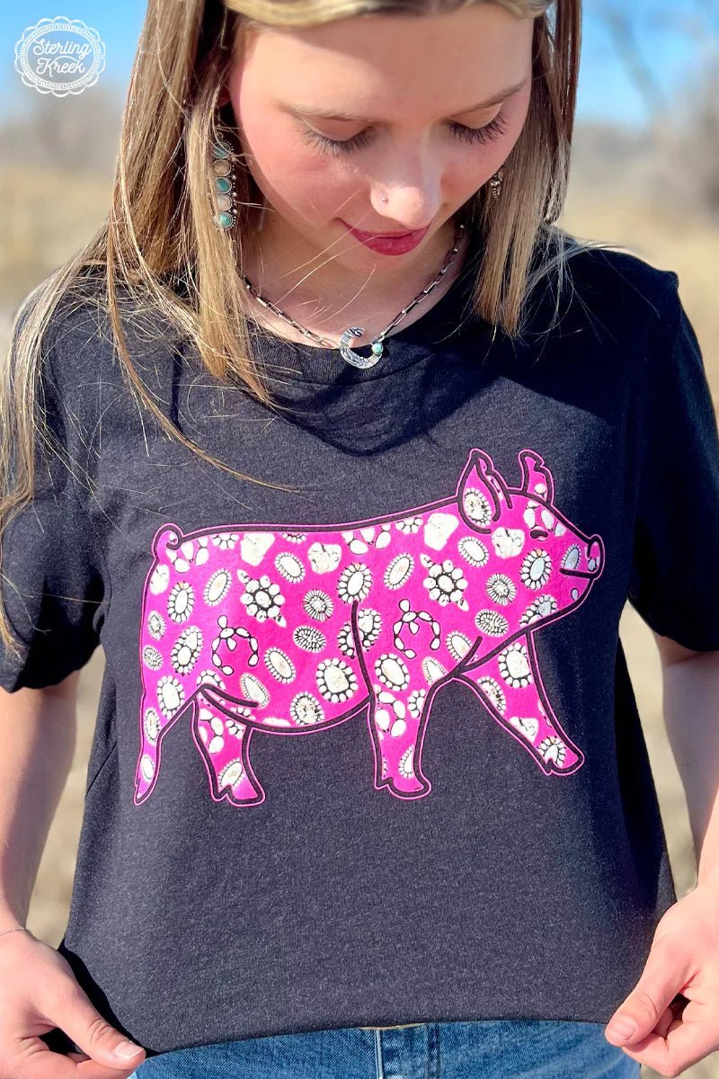 Sterling Kreek Tee. Graphic tee. Stock show shirt. Pink pig shirt. Pig shirt. Western style tee. Black tee shirt. Boutique style. Women's western wear. Women's western boutique. Western boutique. Online shopping. Online boutique. Boutique. Small business. Woman Owned. 