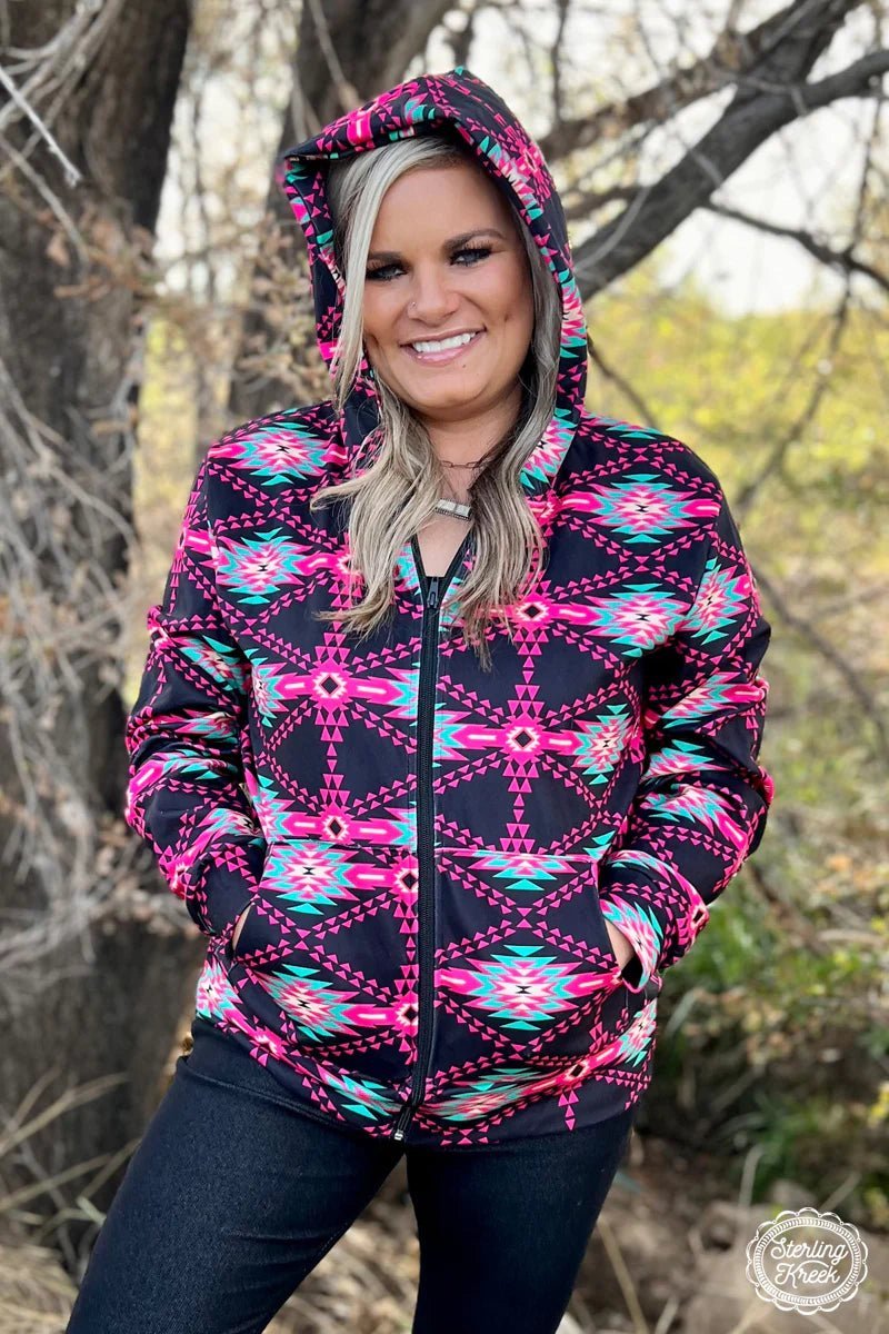 A jacket that won't hold you back - this No Limits Jacket! With its eye-catching pink, black, and turquoise aztec pattern, this zip-up has got both the style and the action to keep you looking and feeling fabulous!  32% Cotton 56% Raydon 12% Spandex