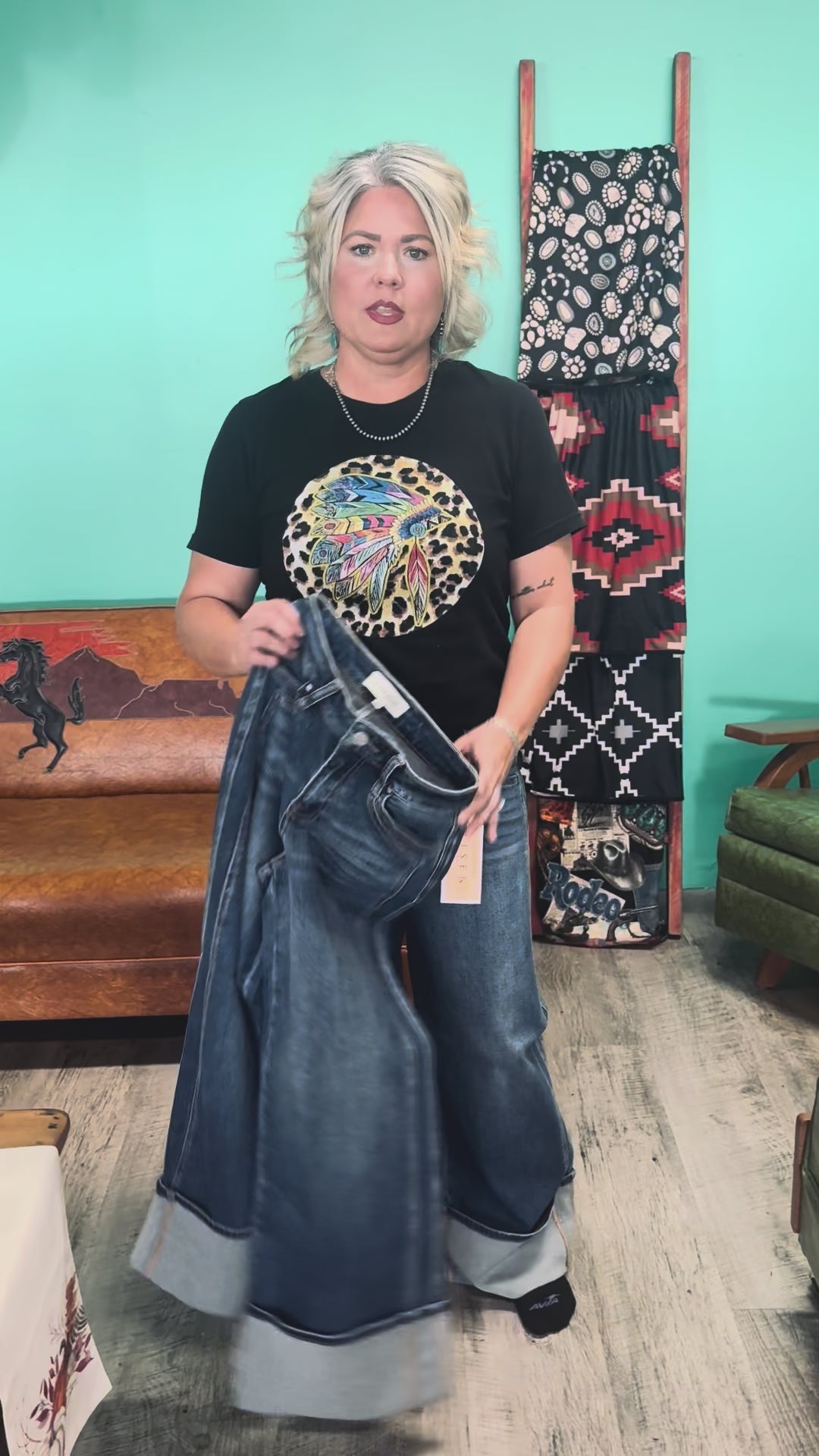 Risen High Rise Wide Leg Cuffed Jeans