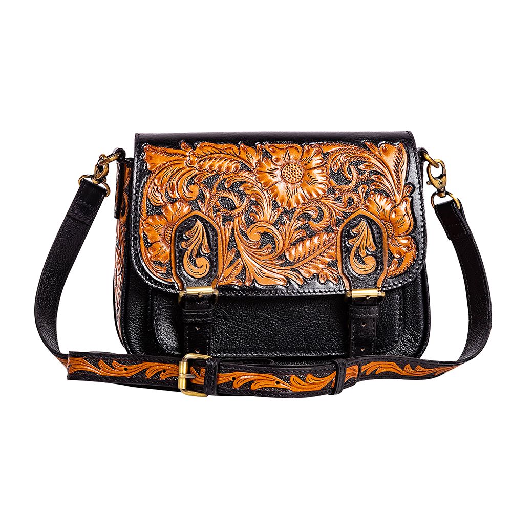 Dark leather hand tooled bag. Leather bag. Western style. Small business. Woman owned.