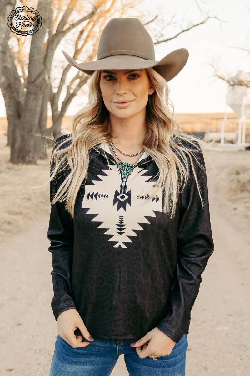 black, cream, aztec, 3/4 zip, pullover. Woman Owned Boutique. Small Business. 