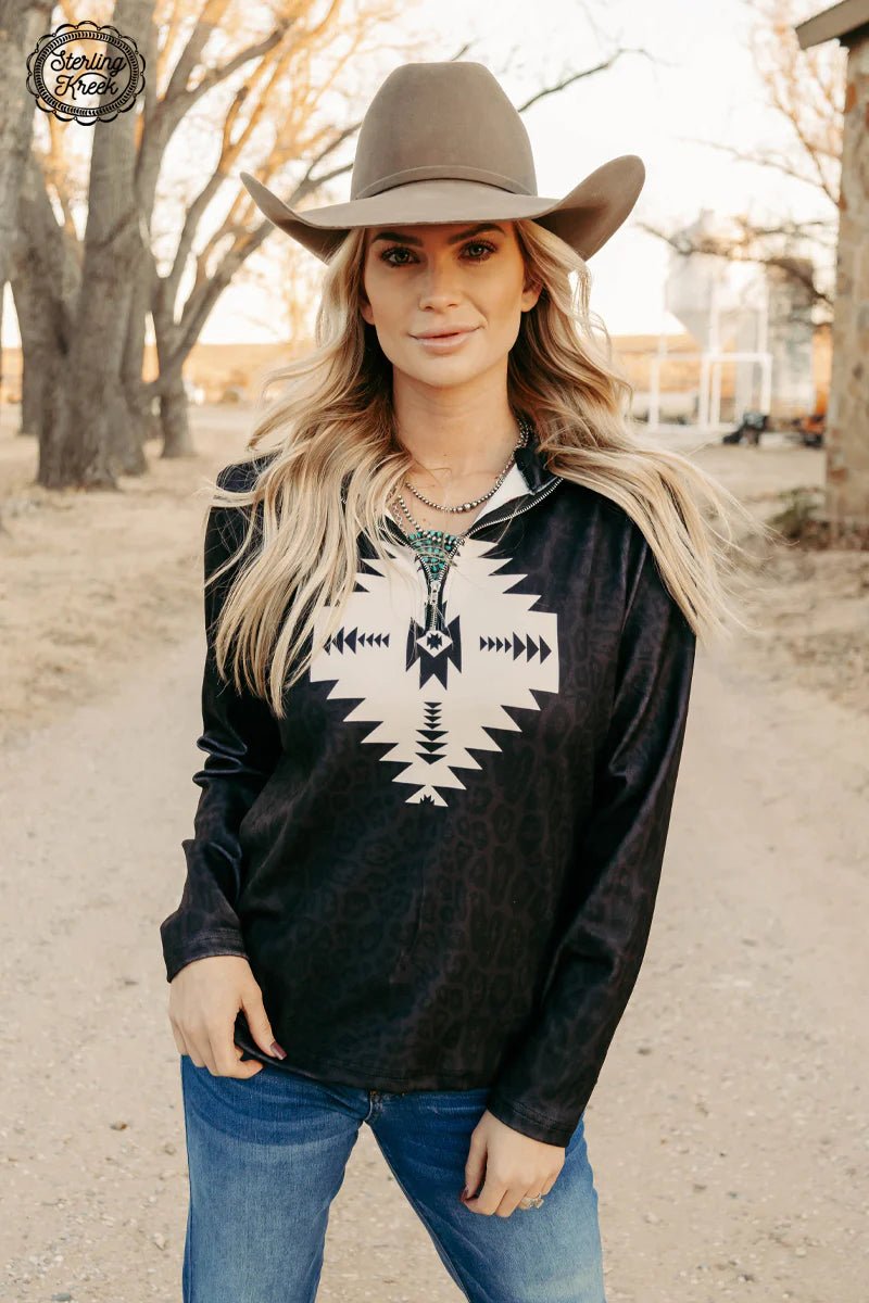 black, cream, aztec, 3/4 zip, pullover. Woman Owned Boutique. Small Business. 