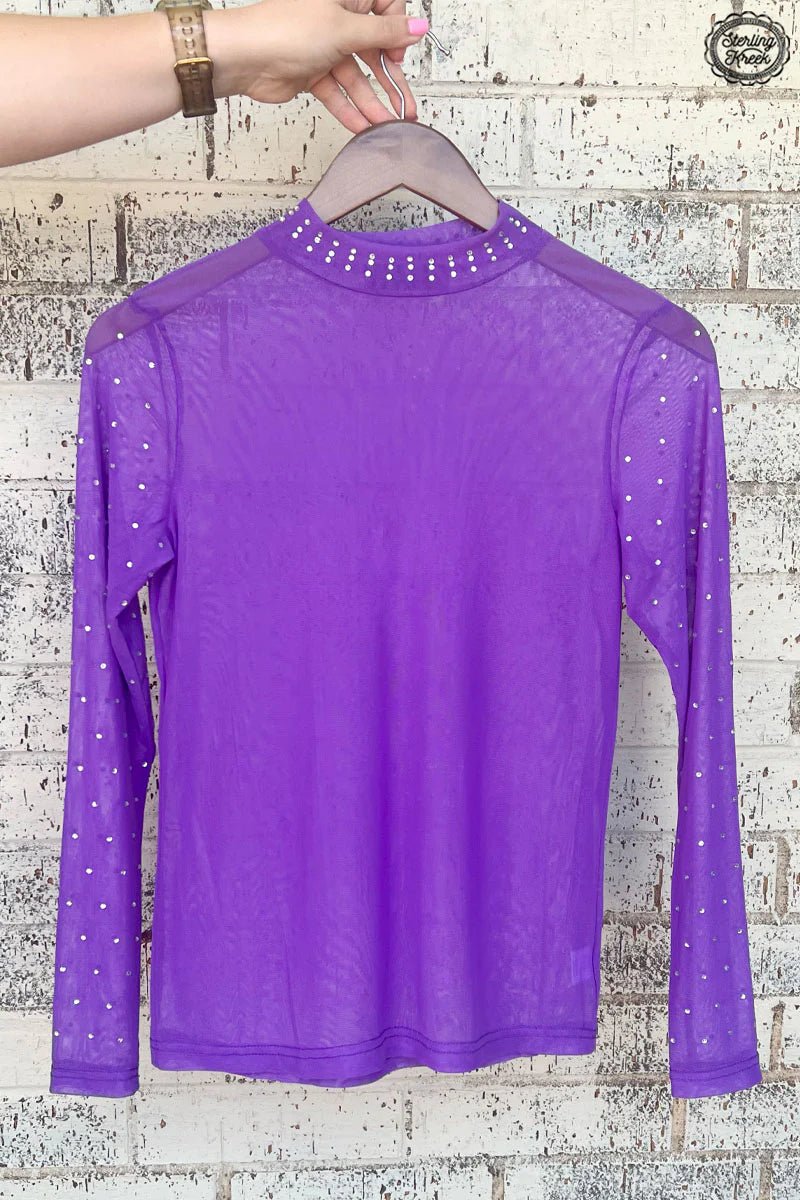 Purple mesh long sleeve top. Purple sparkle mesh top. High neck mesh top. Women's western boutique. Online boutique. Women's western wear. Small business. 