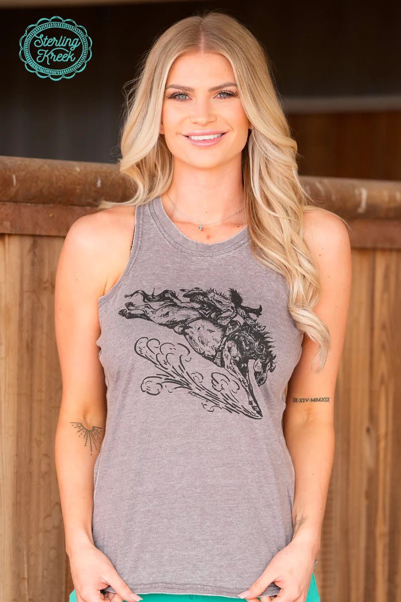 bronc rider. grey. black. graphic design. tank top. bucking horse. small business. get gussied up. woman owned boutique. western boutique. 