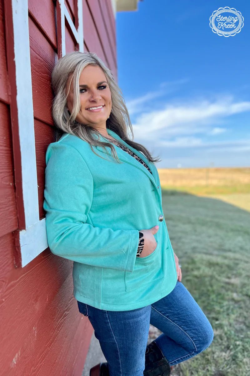 Hit the dusty trail in style with the Denali River Blazer! This turquoise suede blazer will make you the talk of the town—just don't forget to close the buffalo nickel buttons when the wind starts kickin' up. Unleash your inner Maverick and grab this blazer before it's gone!  90% POLYESTER 10%SPANDEX