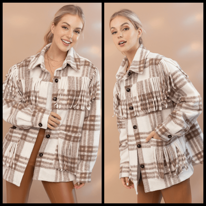 This shacket is brown and cream plaid with the same material fringe across the chest line and pockets. This shacket is true to size and not hugely oversized. The design has hints of pink in the plaid which makes it so pretty. The material is so soft and it a very comfortable fit. It has button cuffs on the arms and is a button up front.   100% Polyester  S,M,L