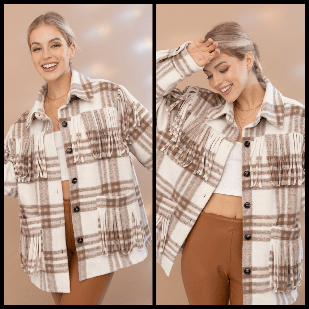 This shacket is brown and cream plaid with the same material fringe across the chest line and pockets. This shacket is true to size and not hugely oversized. The design has hints of pink in the plaid which makes it so pretty. The material is so soft and it a very comfortable fit. It has button cuffs on the arms and is a button up front.   100% Polyester  S,M,L