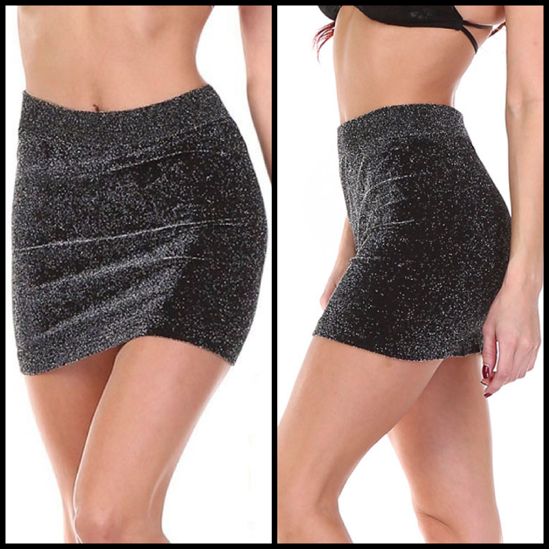 This sparkling metallic pull-on skirt is perfect for your next night out. Body contouring stretch, with a beautiful seamless design. Fits sizes 0-6 as a skirt.   Also looks super cute as a tube top!   88% Nylon  12% Spandex 