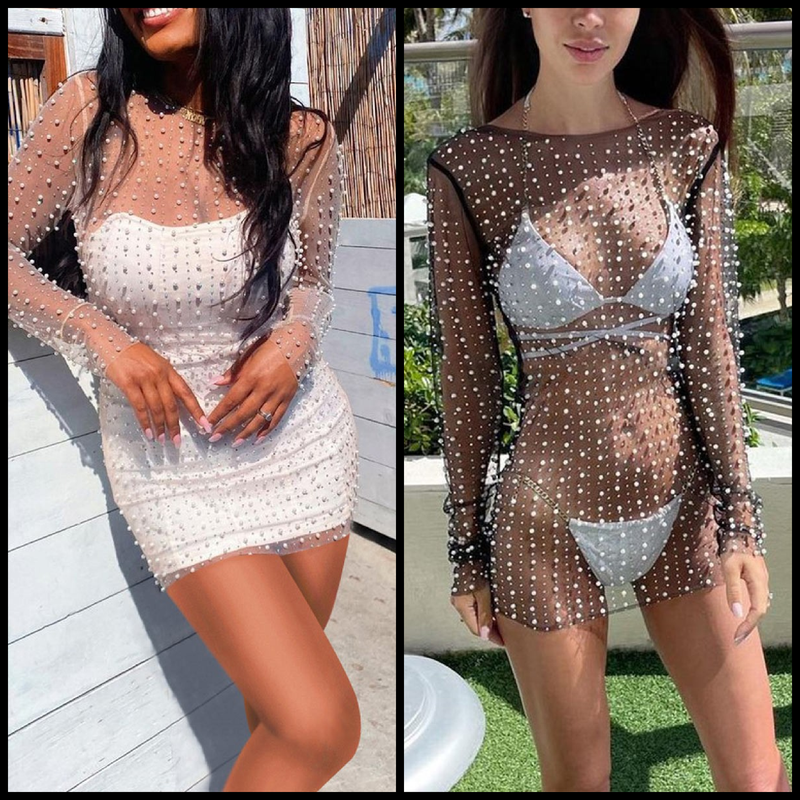 Make a statement in the Mother Of Pearl Mini Dress! Featuring mesh/sheer material with pearl embellishments, style this daring look your way and take your night out to the next level. Perfect for a concert or bachelorette party, unleash your inner risk-taker and make it a night to remember!  95% polyester