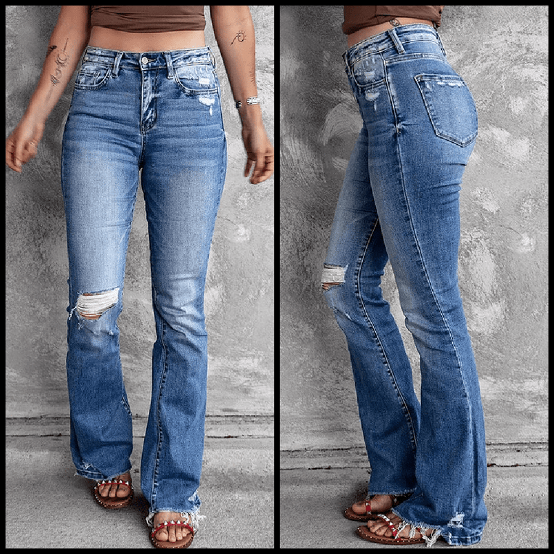 Medium wash bootcut jeans. Distressed bootcut jeans. Ripped denim jeans. Women's western wear. Women's western fashion. Online boutique. Small business. Woman owned.