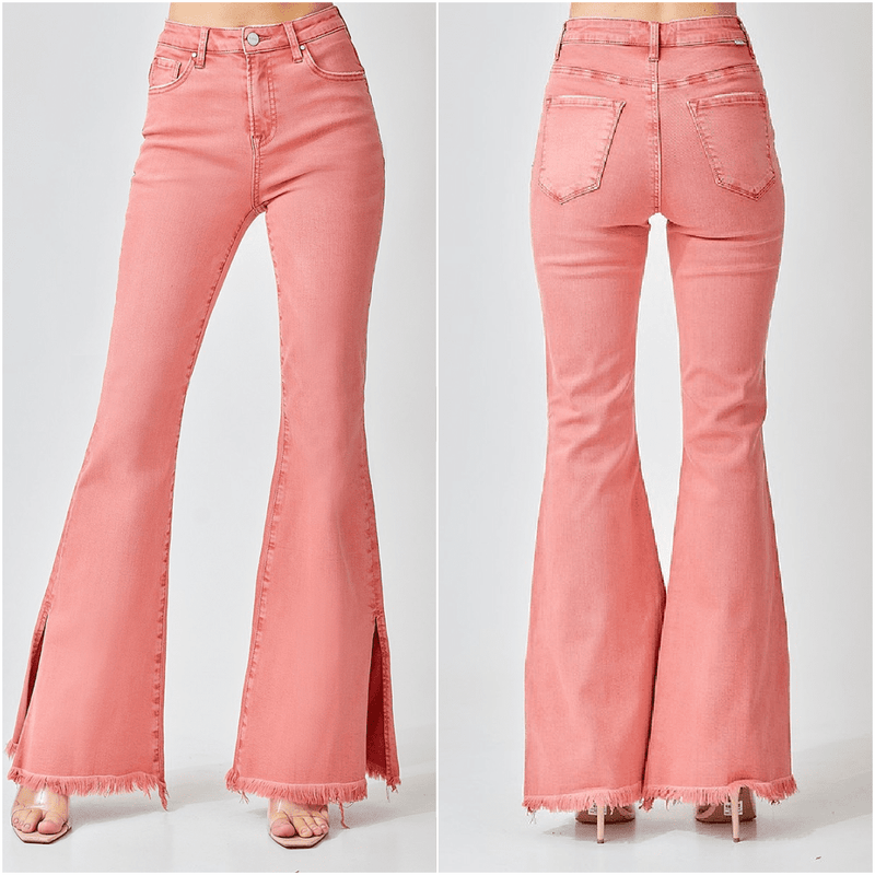 Peach Blossom Side Slit Flare Jeans* | gussieduponline