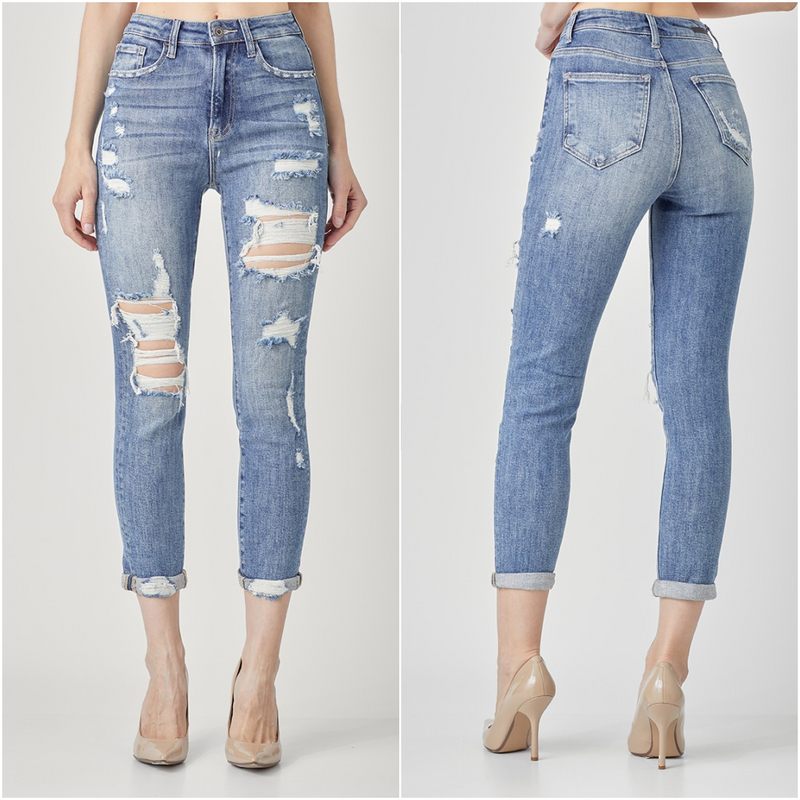 Plus High Rise Distressed Girlfriend Jeans