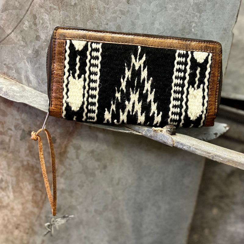 The Madrid Wallet is a Black and White Aztec Saddle Blanket Print. The wallet features plenty of pockets and card slots for your needs.   7.5"L X 4.5"H   ** This Wallet matches the Carrying in Madrid Bag and the Madrid Shoulder Bag**