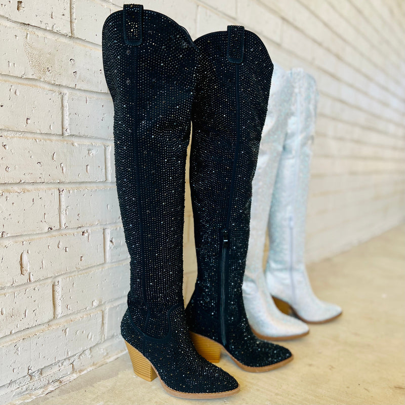 Bring Ya To Your Knees Rhinestone Boots feature a western-inspired design with over-the-knee construction and a pointed toe. The stunning rhinestone detailing adds eye-catching flair that is sure to get noticed. Crafted with care, these boots provide an impeccable fit and long-lasting quality.