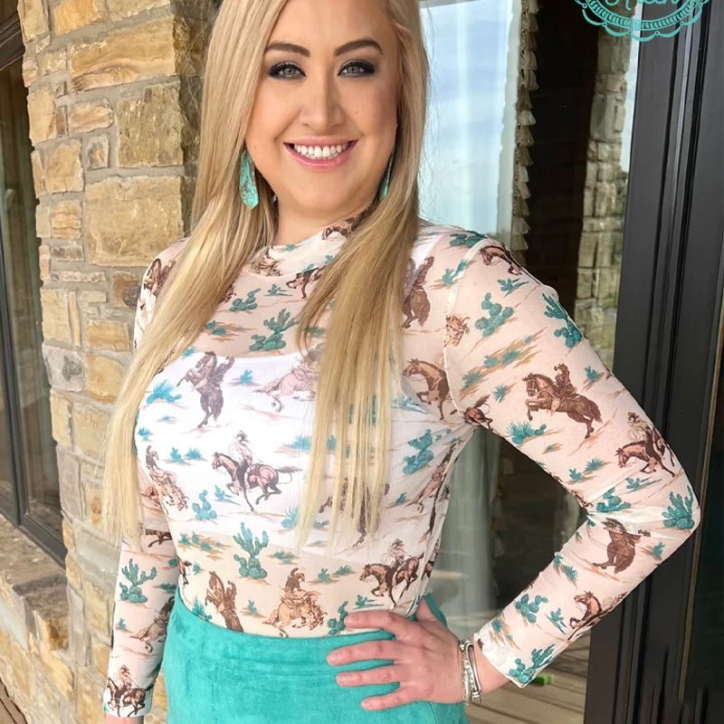 Be the trailblazer of your crew with the Chisholm Trail Top! This crisp white mesh top features broncs, cowboys and cactus pattern that'll make you look and feel like the wild, wild west. Get the coolest wrangler look and mount up in style! Yee-haw!!  Meredith is wearing a Medium  96% POLYESTER 4% SPANDEX