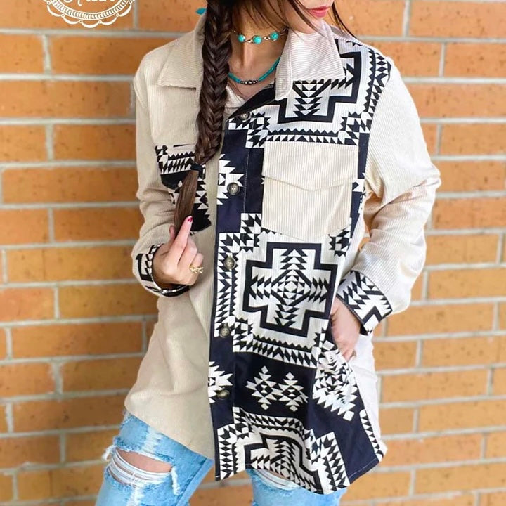 This PLUS size Ivory & Black Aztec Pattern Contrasted Corduroy Shacket is lightweight and the perfect it. The color combination is gorgeous together. The Shacket has 2 pockets on the chest and 2 pockets on the hip. The off centered design of this pattern makes it stand out! You wont want to miss this one!!  100% Polyester  XL,2XL,3XL