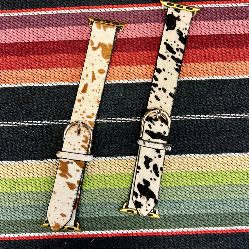 Black and White and Brown and White Cow On Hide Watch Band. Fits 38-40mm Apple Watch
