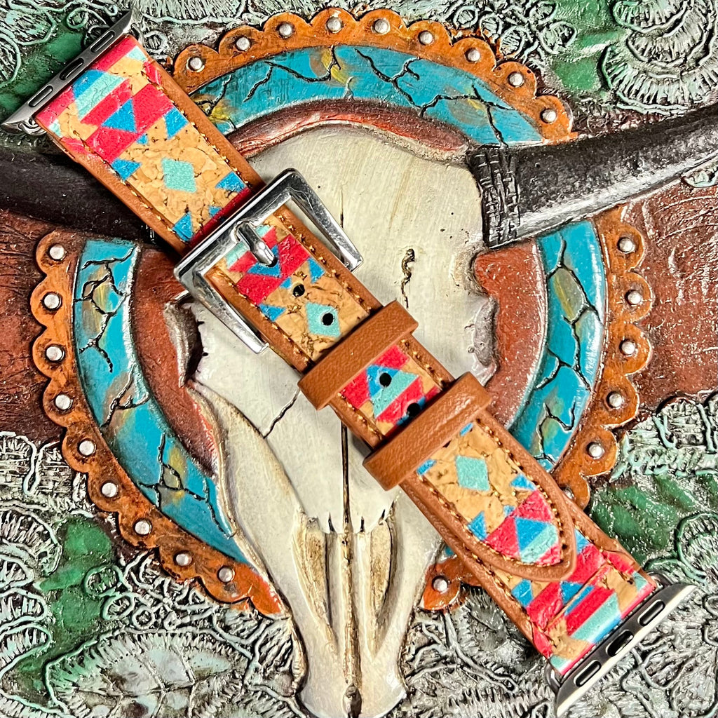 Western Navajo Aztec leather design with  buckle. Fits 38-40MM Apple Watch
