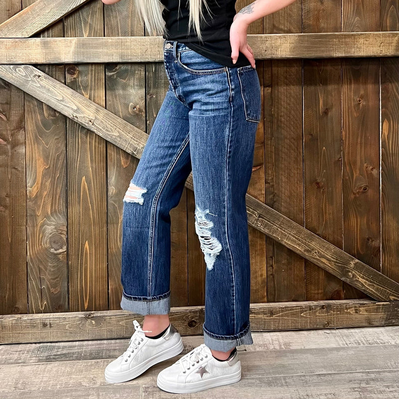 Ultra high rise 90's wide leg boyfriend jeans with knee rips and distressing. Covered button fly.  100% Cotton  11.5" rise, 30" inseam    