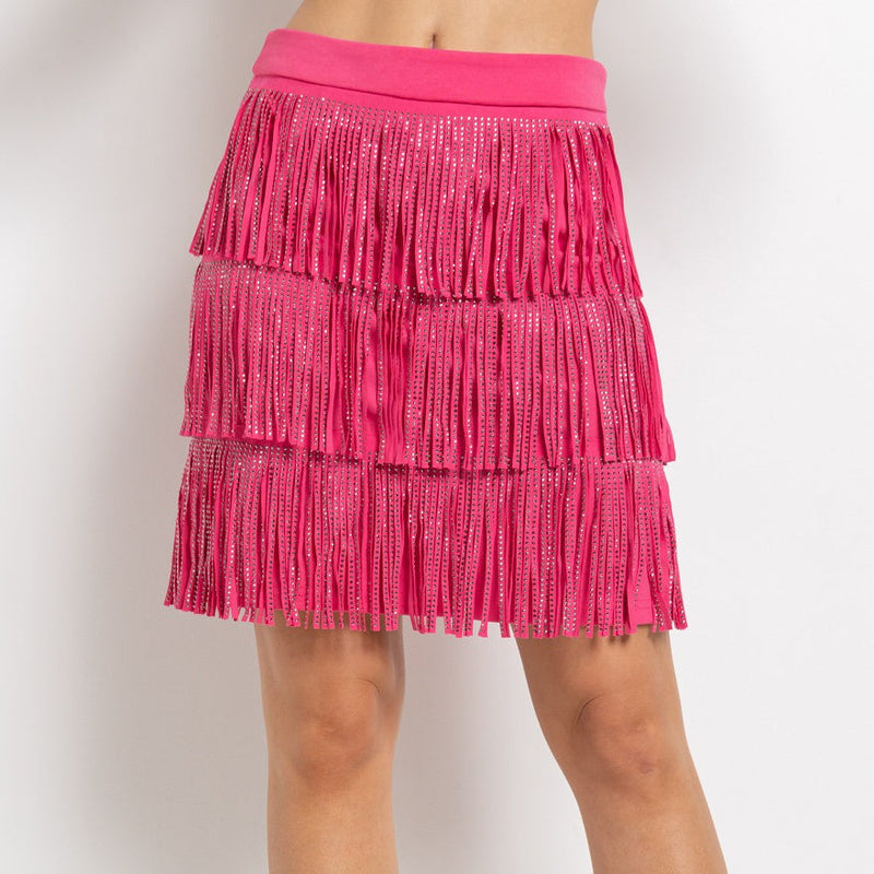 - 3 Layer fringes mini skirt - Suede fabric fringes - Poly span fabric - Rhinestone heat transferred -Zipper at side  - Model   is 5' 8" 32-23-34 and wearing a Small Fabric Contents 95% Polyester 5% Spandex