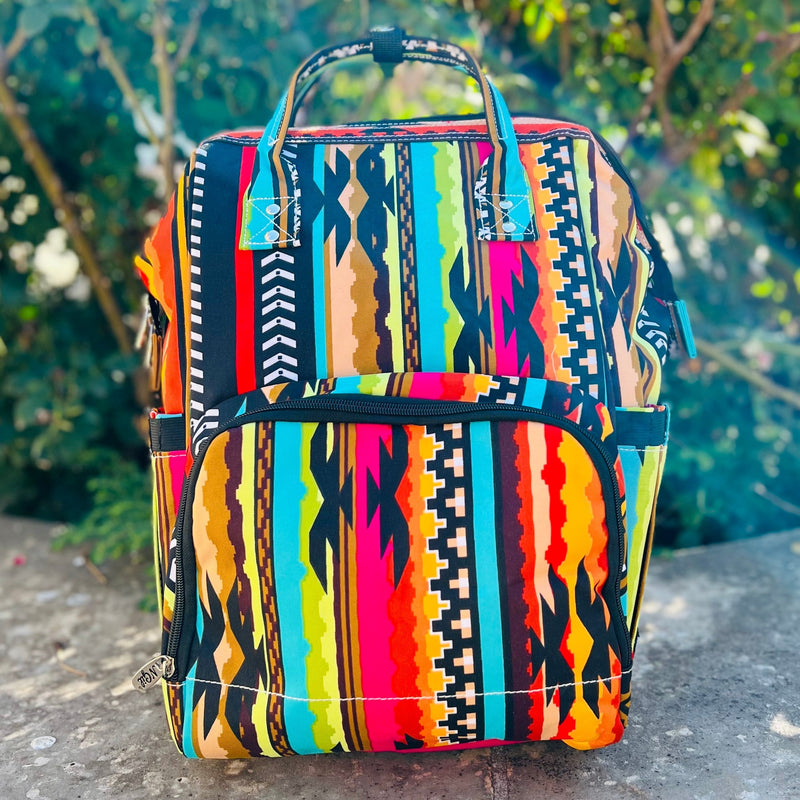 The Aztec Warrior Diaper Bag is very roomy and bright and beautiful. This bag has multiple zipper pockets and cubbies to put necessities.  13" L X 8" W