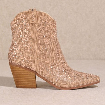 Angel Kisses! Add Glamour to any party with these rose gold Rhinestone Booties with allover rhinestone detailing. Pointed Toe Silhouette,  side zipper closure, 3" wooden block heel, 5" ankle length from ankle to top of bootie. 8 1/2" total inches tall from sole to top of Bootie. 