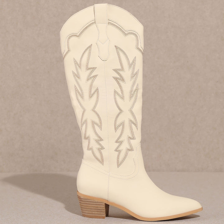 Miim Shoes I Gussieduponline. off white. boots. knee high boots. faux leather. zip up. cowgirl boots. whip stitch. western. western cowgirl boots. small business. Woman Owned Boutique. Ships fast from Texas. 
