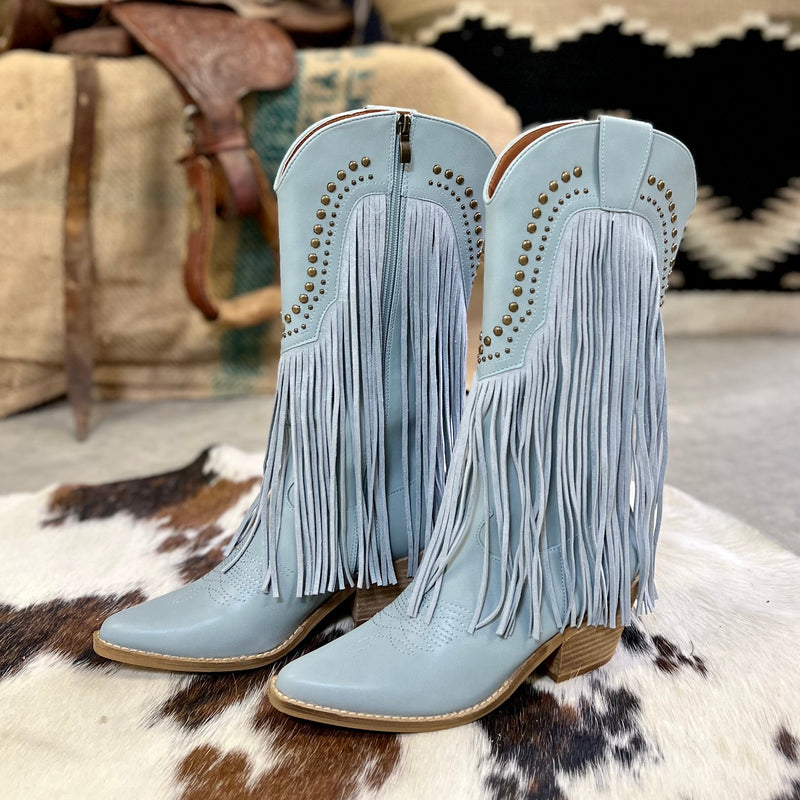 These Beastly Fringe Boots are casual fringe western boots. The come in Grey, Blue, & Black.  These boots are 14 1/2" from heel to boot tops. Featuring 11" fringe down the front and sides with small nail stud detail. They are pointed toe and have a 2 1/2" heel. Inside zipper closure