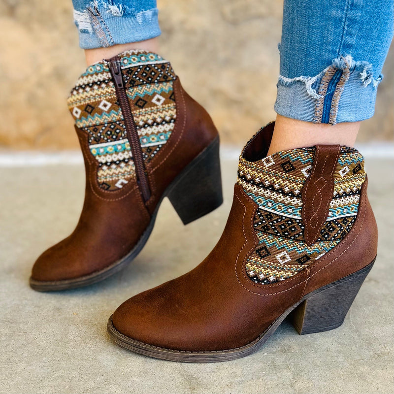 The Hurley Brown Multi Distressed Suede like Booties are precious Aztec print are  adorable for your fall outfits. These booties have 8" tops with a 3" heel. 