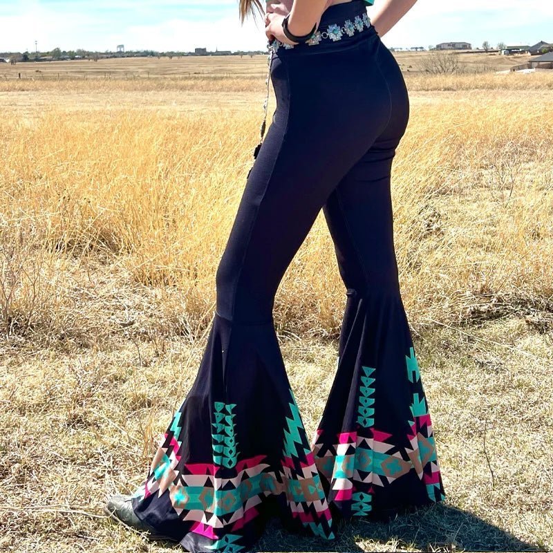 Make a statement with these NEW HOME TOWN BELLS! These solid black bell bottoms add the perfect touch of edginess to your outfit, complete with an aztec-inspired printed bottom that won't go unnoticed. Add a little boom to your style!     92% POLYESTER 8% SPANDEX