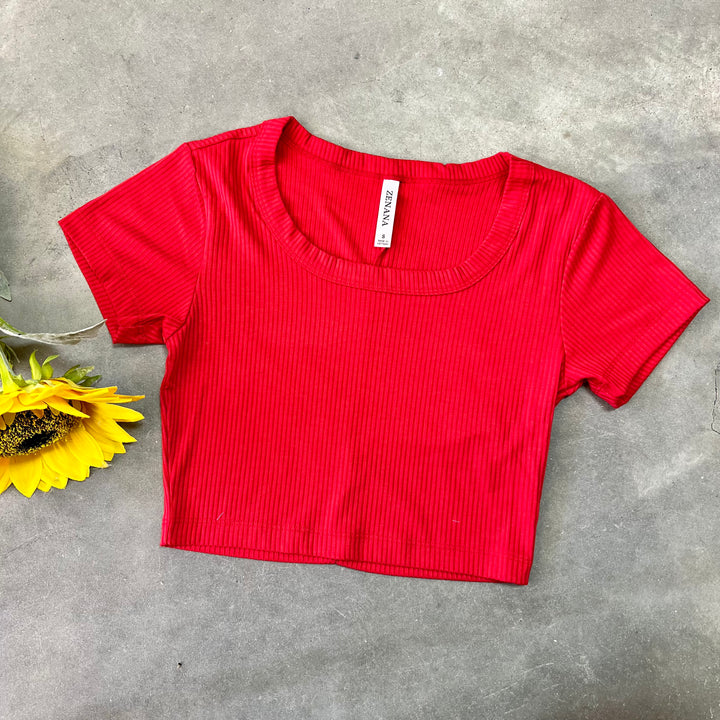 Zenana Ribbed Scoop Neck Crop Top | gussieduponline