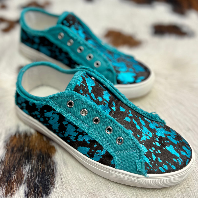 Montana West Turquoise Cow Print Sneakers