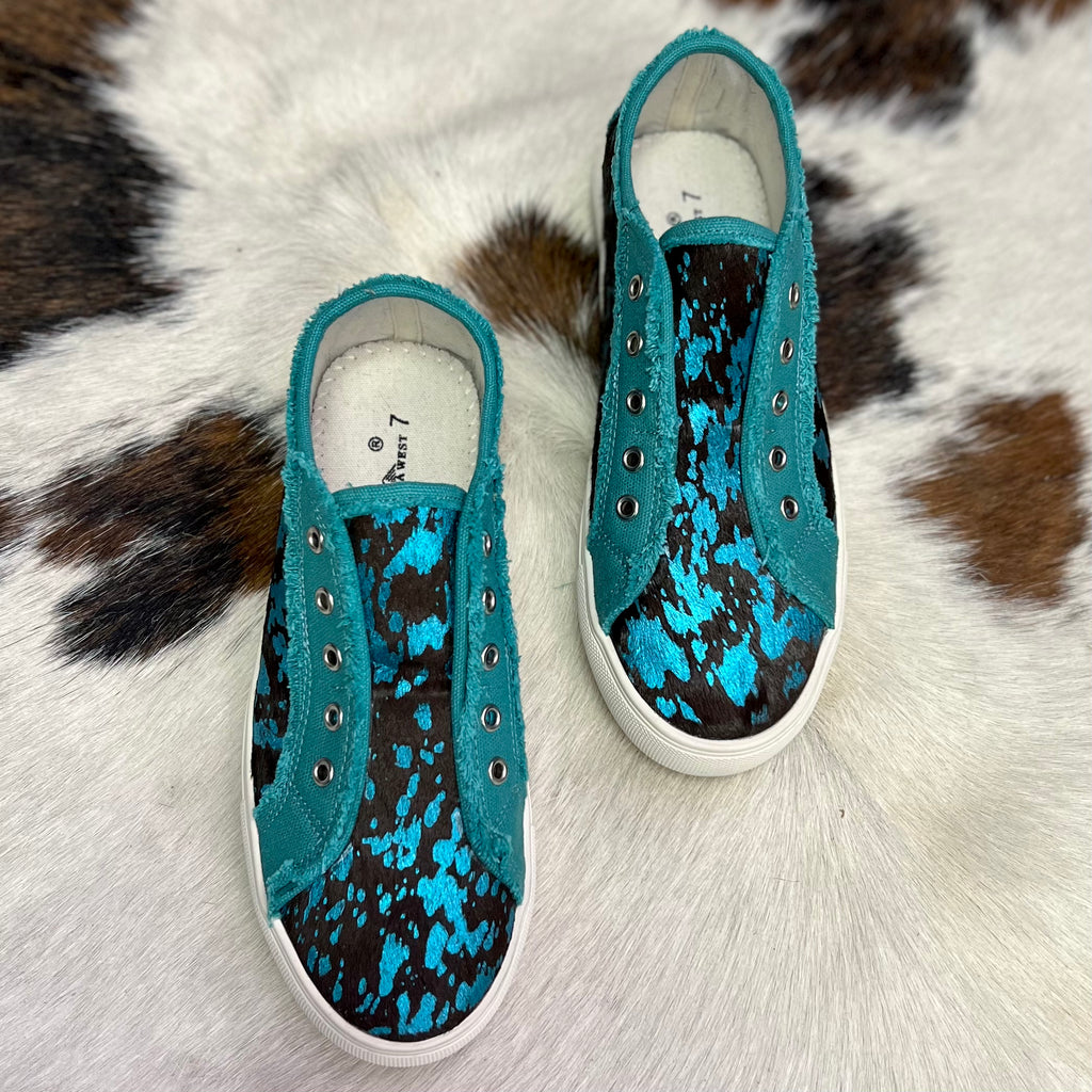 Montana West Turquoise Cow Print Sneakers