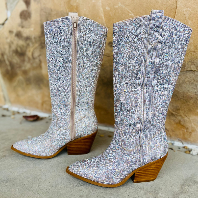 Add Glamour to any party with these Silver Rhinestone Boots with allover rhinestone detailing. Pointed Toe Silhouette, side zipper closure, 3" wooden block heel. These are one of the biggest trends in fashion right now, so grab yours and show off at every chance you get!