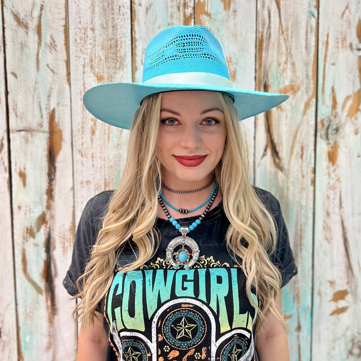 Rolling Around In The Turquoise Straw Hat | gussieduponline