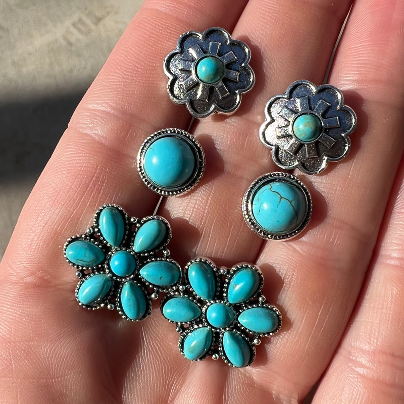 Turquoise Flowers Earrings- 3 Set