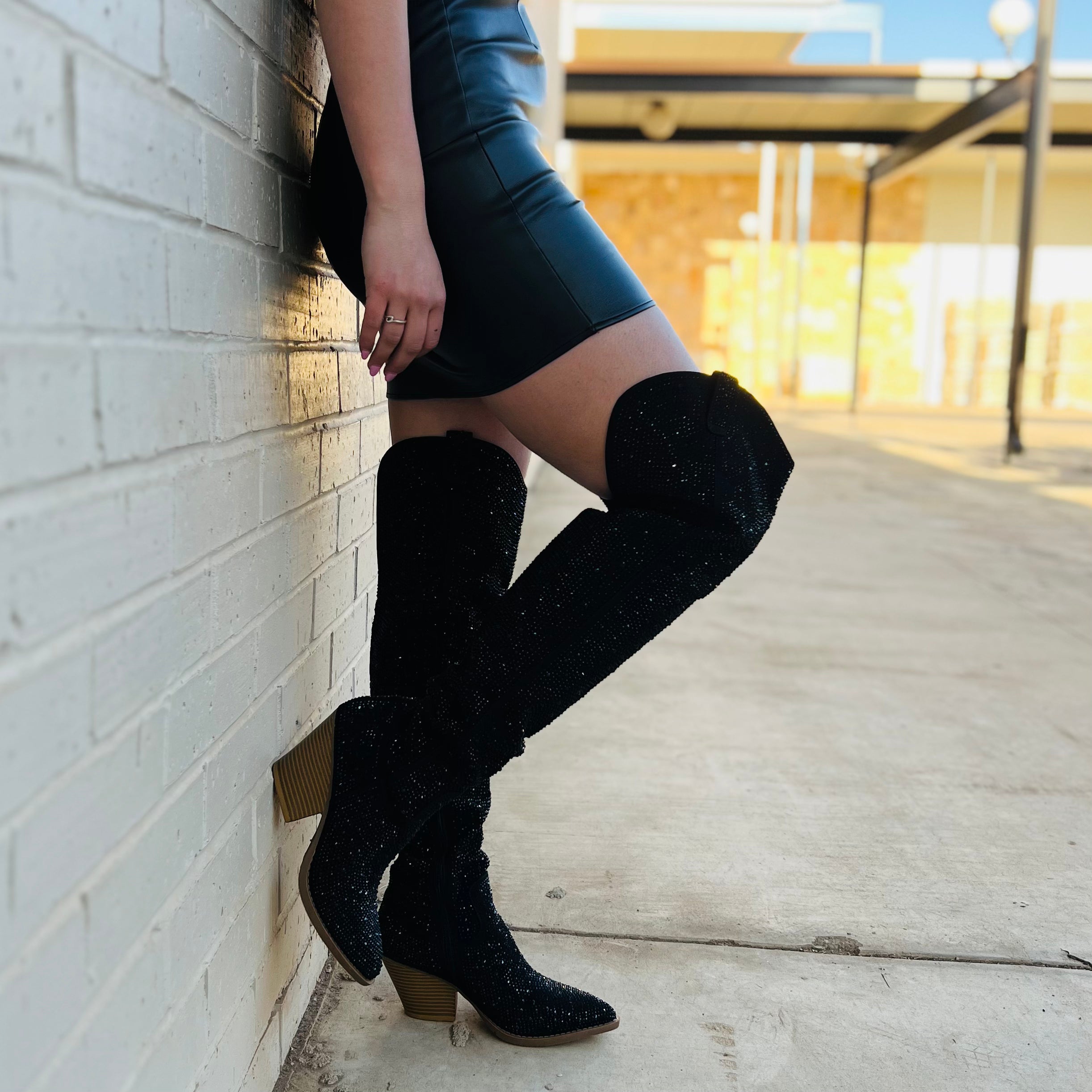 Olomisa Sparkly Rhinestone Over Knee Boots For Women - Pointed Toe Stiletto Heel Thigh High Boots