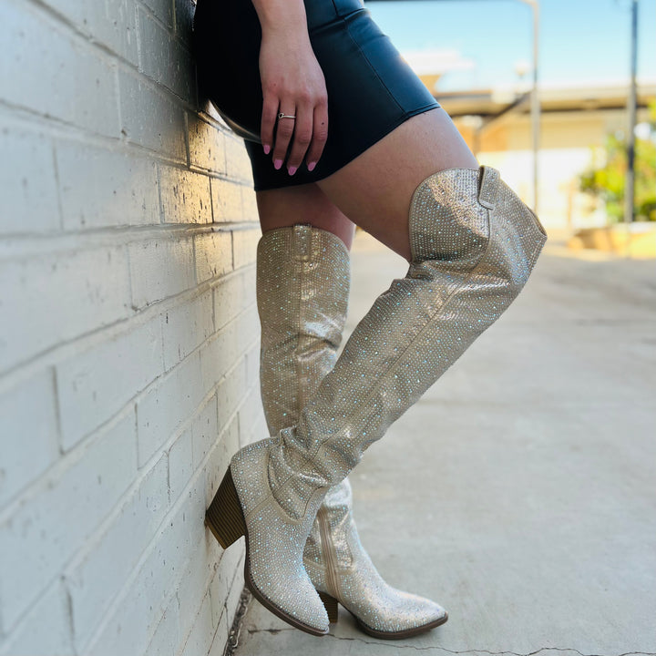 Champagne Bring Ya To Your Knees Rhinestone Boots | gussieduponline