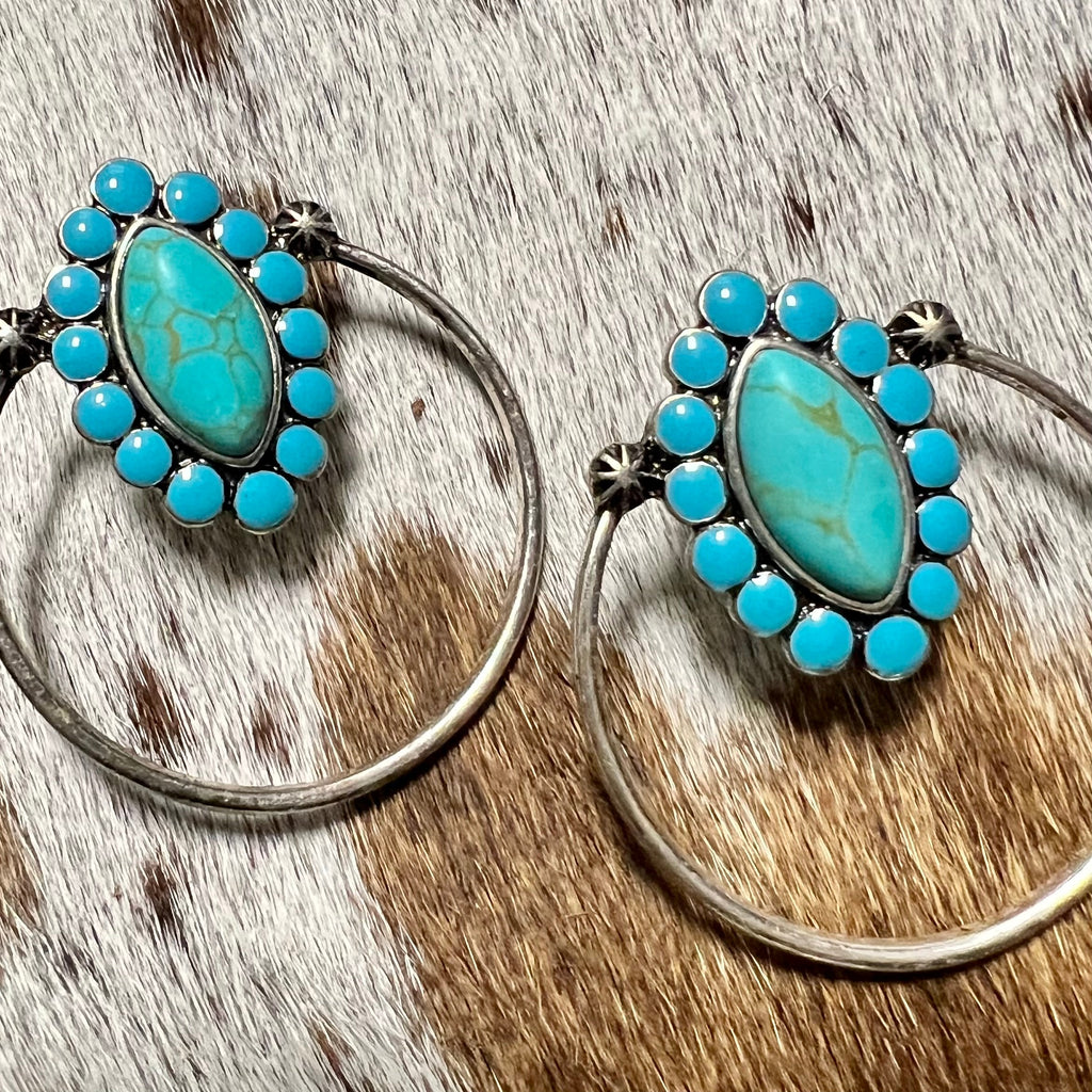 These Knocking at Midnight Earrings are 2" Hoop with a multi turquoise stone post back. They are lightweight and super cute.  