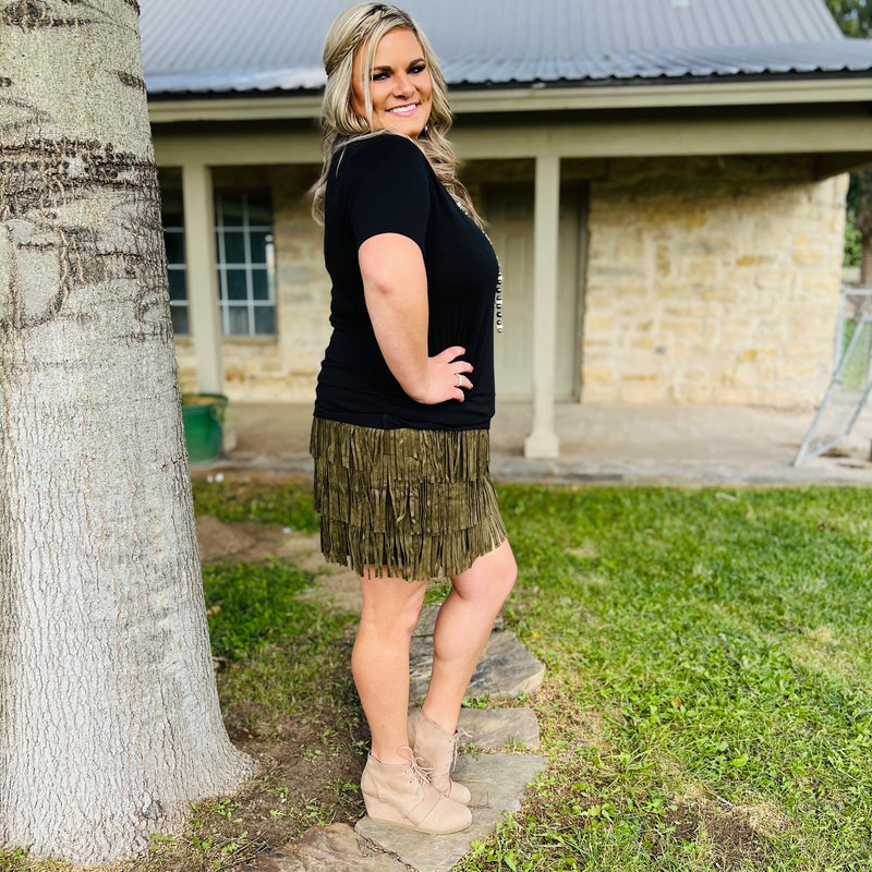 Our new PLUS Lola Olive Fringe Skirt is a must have! The skirt is so soft and comfortable. The skirt is a size zipper closure and 20" length.   90% Polyester, 10% Spandex  1XL, 2XL,3XL