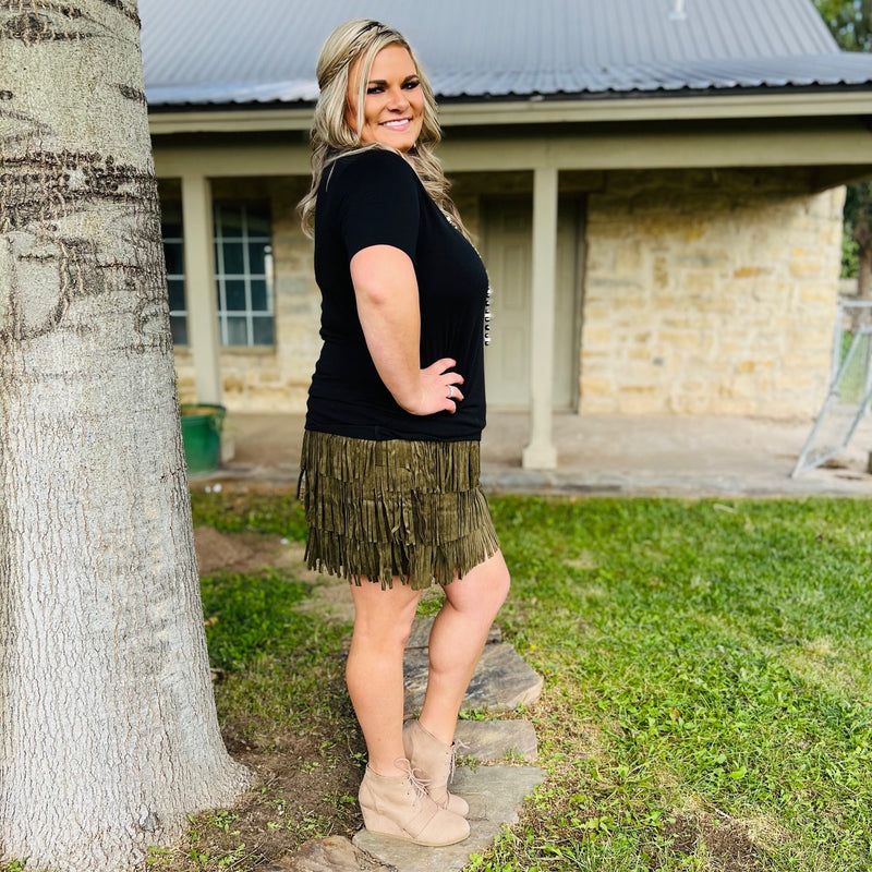 Our new PLUS Lola Olive Fringe Skirt is a must have! The skirt is so soft and comfortable. The skirt is a size zipper closure and 20" length.   90% Polyester, 10% Spandex  1XL, 2XL,3XL