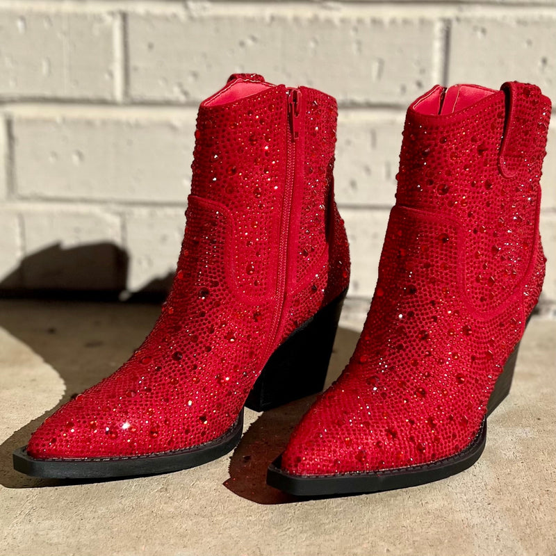 Add Glamour to any party with these "Kady" RED Rhinestone Booties with allover rhinestone detailing. Pointed Toe Silhouette,  side zipper closure, 3" wooden block heel, 5" ankle length from ankle to top of bootie. 8 1/2" total inches tall from sole to top of Bootie. 