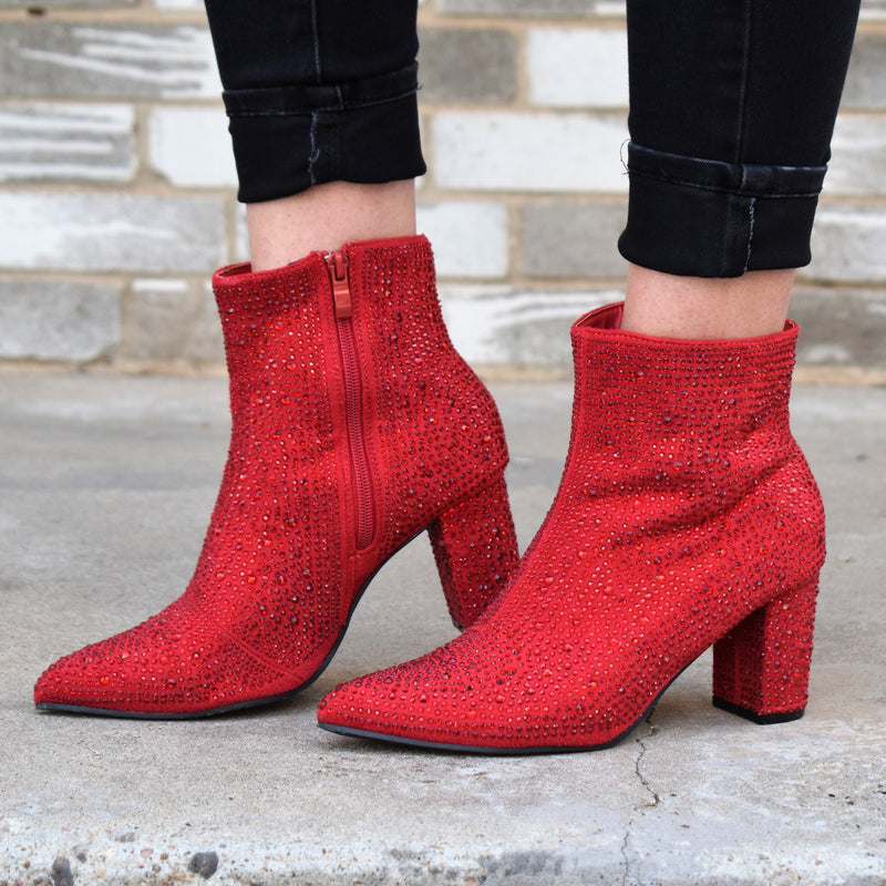 Bright Red Soft Suede, Red Rhinestone Sparkle Booties. These booties will complete the look for any night on the town. 6" tops with 3" heel.
