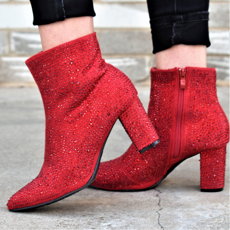 Bright Red Soft Suede, Red Rhinestone Sparkle Booties. These booties will complete the look for any night on the town. 6" tops with 3" heel.