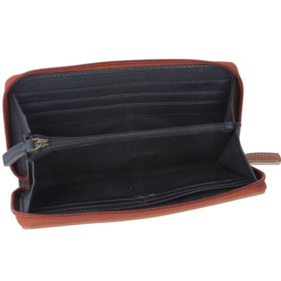 Rich cognac tan tooled leather wallet with all around zipper closure.