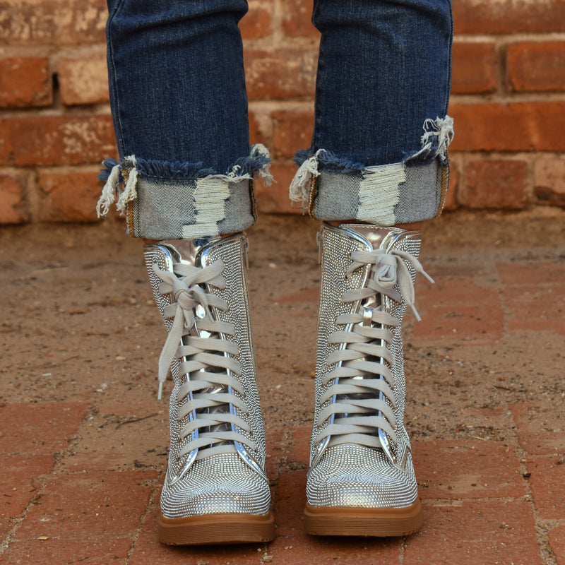 Silver Rhinestone Sparkle Lace Up Combat Boots. 9 1/2" Top with inside zipper and Lace Up Front. Super Cute to complete any Outfit. 2" brown rubber sole. 