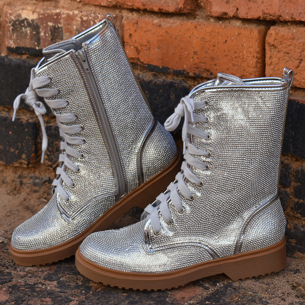 Silver Rhinestone Sparkle Lace Up Combat Boots. 9 1/2" Top with inside zipper and Lace Up Front. Super Cute to complete any Outfit. 2" brown rubber sole. 