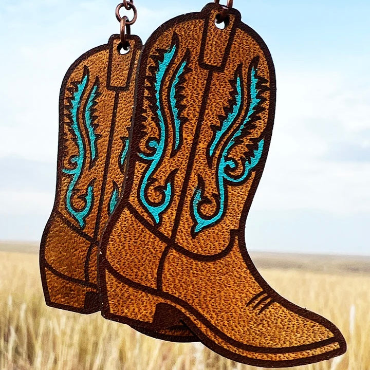 These Boot Earrings look just like the real thing. The turquoise inlay in the boot tops are perfect to add to any outfit. They are 2" in length an very lightweight!